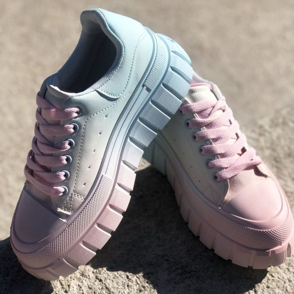 NEW Pastel Pink Blue Ombre Kawaii Cute Platform Low Top Laced Up Sneakers Shoes - Picture 11 of 12